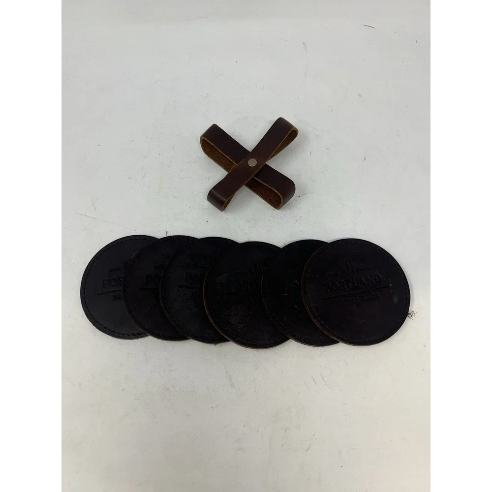 Portland Leather Goods Leather Coaster Set 6 Coasters & Storage Strap